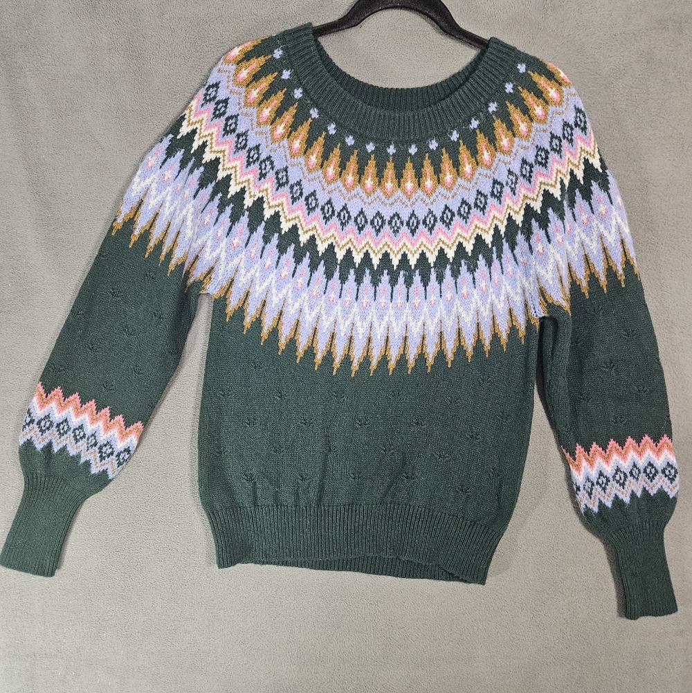 Sundance Wool Blend Fairisle Sweater Size Small S Green Nordic Boho